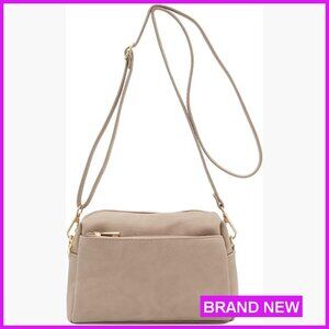 Triple Zip Crossbody Bag Faux Leather Adjustable Strap Casual Everyday Chic